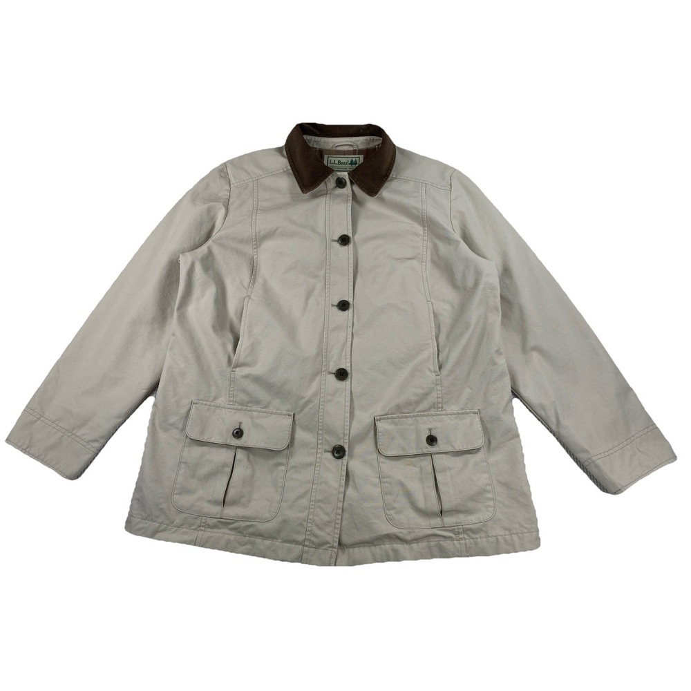L.L. Bean Women's Beige Cotton Jacket with Brown Corduroy Collar